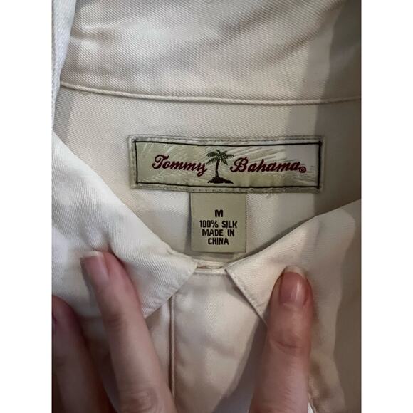 Vintage Tommy Bahama Polo Shirt 100% Silk Button Up Ivory Beige Men's Medium - Picture 3 of 6